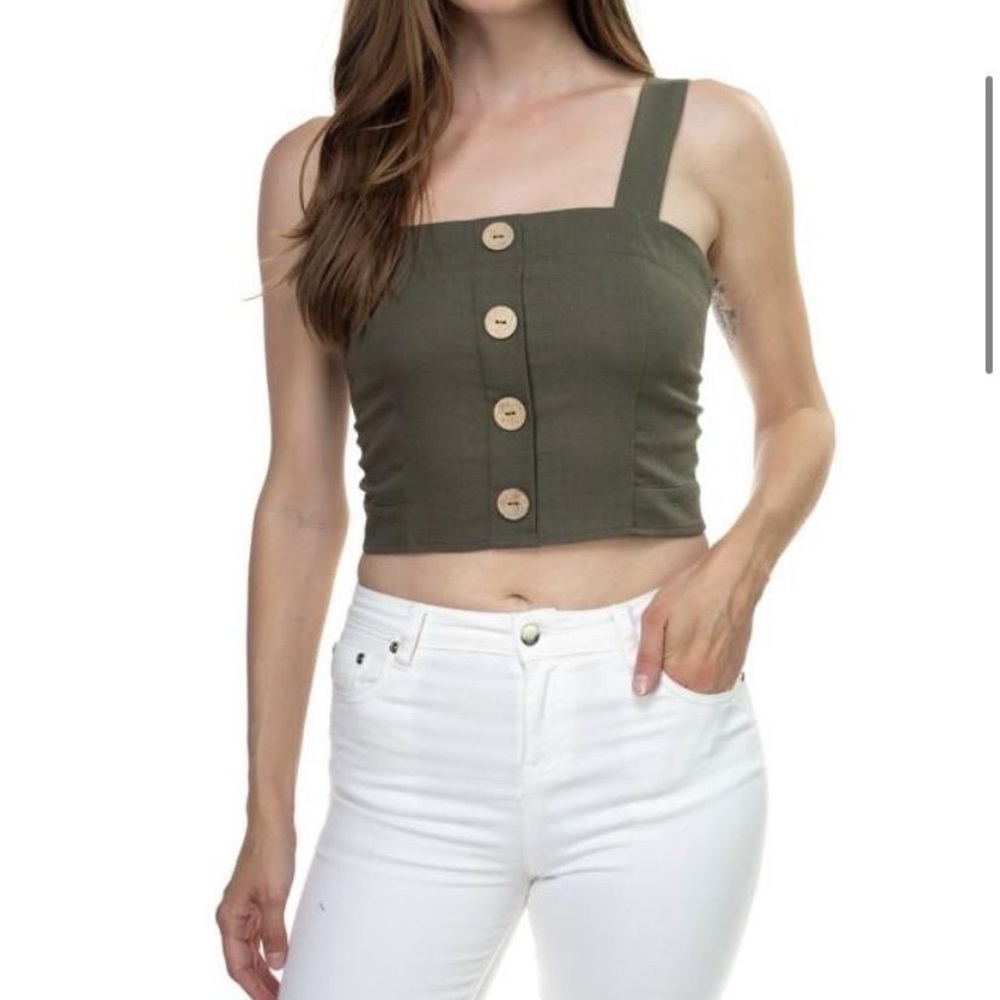 Olive Green Button-Up Crop Top